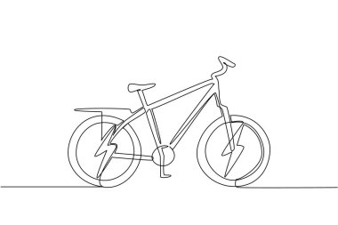 Bisiklet lastiklerinin ortasına yıldırım düşen tek bir hat. Yüksek teknoloji motosikletlerin daha hızlı yapılmasına yardımcı olur. Şarj olmam lazım. Ulusal E Bisiklet Günü. Bir çizgi tasarımı vektör illüstrasyonu