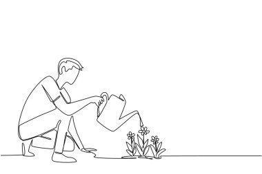 Sürekli bir çizgi halinde bir adam çömeliyor ve sular sulama tenekesiyle çiçek açıyor. Hafta sonu için yeni bir hobi. Bahçıvanlık. Ulusal Su Çiçek Günü. Tek çizgi çizimi tasarım vektör çizimi