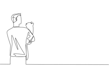 Tek sıra halinde dikiz aynasından bakan sıradan giysili bir adam kediye sarılıyor. İnsanlarla kedi dostluğu. Sevimli bir davranış. Uluslararası Kedi Sarılma Günü. Tek çizgi çizimi tasarım vektör çizimi