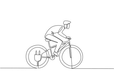 Tekerleğinde kablo prizi olan bir adamın e-bisiklet sürdüğü tek sıra. Modern teknolojiyle egzersiz yapmak için mükemmel bir hafta. Ulusal E Bisiklet Günü. Bir çizgi tasarımı vektör illüstrasyonu