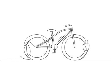 Arka lastiğinde yaprak, ön lastiğinde kablo prizi olan bir bisiklet çiziyor. Faaliyetleri kolaylaştırır. Teknoloji. Ulusal E Bisiklet Günü. Bir çizgi tasarımı vektör illüstrasyonu