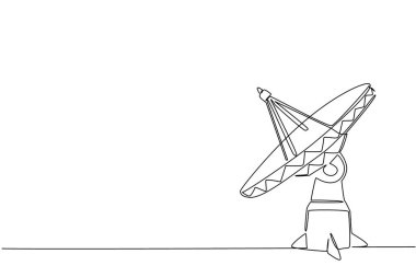 Uydu paraboliği çizen tek çizgi. Alıcıya sinyal toplamak ve odaklamak için işlevler. Modern teknoloji ve modern entelektüellik. Loomis Günü. Devamlı çizgi tasarımı grafik çizimi