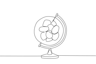 Tek bir çizgi ortasında patates yığını olan bir küre çiziyor. Dünyada patates ekiminin sembolizmi. Lezzetli. Uluslararası Patates Günü. Devamlı çizgi tasarımı grafik çizimi