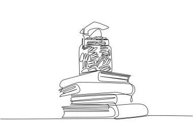 Mezuniyet şapkalı bozuk para dolu bir kavanozun altında kalın kitaplar var. Burs. Eğitim ücreti. Üniversite Tasarruf Günü. Tek çizgi çizimi tasarım vektör çizimi