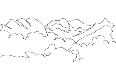 Himalaya sıradağlarını çizen tek bir çizgi. Engellerle ve zirveye ulaşma tehdidiyle dolu bir yol. Zirve. Everest Dağı. Devamlı çizgi tasarımı grafik çizimi