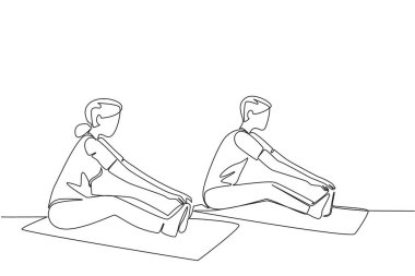 Sürekli bir çizgi halinde bir çift büyükanne ve büyükbaba spor salonunda bacak esnetiyorlar. Sakinleş. Pilates. Yoga. Ulusal Sağlık ve Spor Günü. Tek çizgi çizimi tasarım vektör çizimi