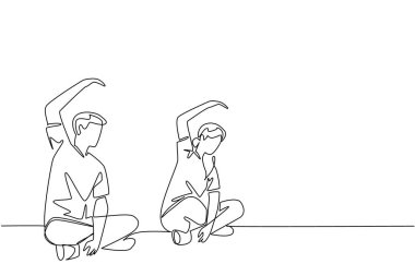 Tek sıra halinde bir çift büyükanne ve büyükbaba fitness maçı yapıyor. Birlikte yaşlanıp sağlıklı olacağız. Ulusal Sağlık ve Spor Günü. Bir çizgi tasarımı vektör illüstrasyonu