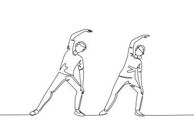 Sürekli bir çizgi çizerek bir çift büyükanne ve büyükbaba bir fitness eşine kol esnemesi yapıyor. Kramp önleyici hareketler. Ulusal Sağlık ve Spor Günü. Tek çizgi çizimi tasarım vektör çizimi