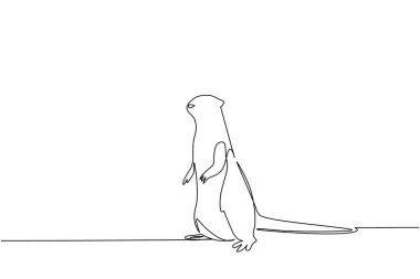 Bir sıra su samuru ayakta duruyor. Küçük memelilerin avlanmalarını izlemek. Sevimli ve sevimli davranışların olsun. Nesli tükeniyor. Dünya Su Samuru Günü. Tek çizgi çizimi tasarım vektör çizimi