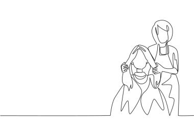 Berber çizen tek sıra, vücut örtüsü takan bir kadının saçını tutar. Eğilimi takip ediyorum. Ulusal Kuaför Akıl Sağlığı Bilinci Günü. Bir çizgi tasarımı vektör illüstrasyonu