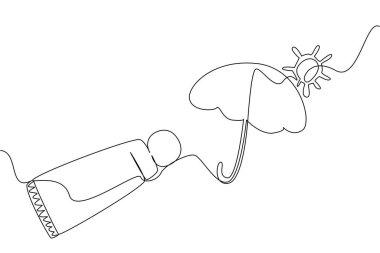 Sürekli açık güneş kremi tüpü çizerek bir şemsiye ve güneş oluşturur. Sembol. Sıcak güneşten korur. Blok yap. Ulusal Güneş kremi Günü. Tek çizgi çizimi tasarım vektör çizimi