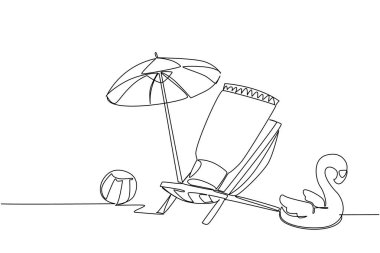 Plaj sandalyesinde şemsiyesi, topları ve flamingo şeklinde şamandıraları olan tek sıra halinde güneş kremi çiziyor. Sahilde dikkatli oyna. Ulusal Güneş kremi Günü. Bir çizgi tasarımı vektör illüstrasyonu