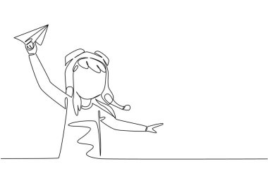 Pilot kaskı takan tek sıra çizen kız kağıttan uçak tutuyor. Dünyanın ilk kadın pilotu olmayı kabullen. Ulusal Kağıt Uçak Günü. Bir çizgi tasarımı vektör illüstrasyonu