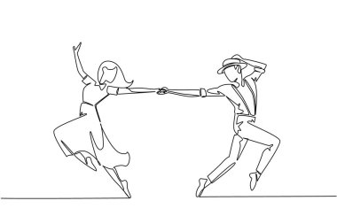 Eski moda kıyafetlerle dans eden, lindy hop yapan ve el ele tutuşan kadın ve erkekleri çizmeye devam et. Bağlılık dolu bir performans. Dünya Lindy Hop Günü. Tek çizgi çizimi tasarım vektör çizimi