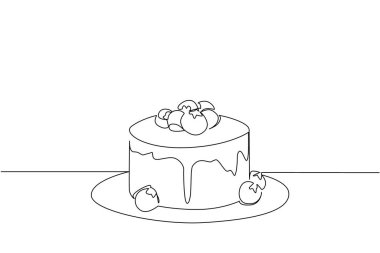 Küçük bir tabağa yaban mersini soslu yuvarlak peynirli kek çizen tek bir satır. Uzun bir tatili tamamlamak için bir yemek. Ulusal Yabanmersinli Peynirli Kek Günü. Devamlı çizgi tasarımı grafik çizimi
