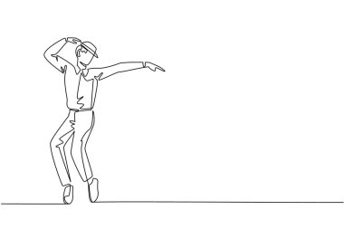 Tek sıra, uzun kollu beyaz gömlek giyen, şapkalı ve ayakları parmaklarının ucunda olan bir adam çiziyor. Olağanüstü hareketleri olan erkek dansçı. Ulusal Tap Dans Günü. Devamlı çizgi tasarımı grafik çizimi