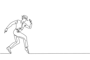 Tek sıra halinde beyaz uzun kollu gömlek, pantolon ve poz veren şapka giyen bir adam çiziyor. Ay yürüyüşü hareketini yapıyor. Profesyonel dansçı. Ulusal Tap Dans Günü. Devamlı çizgi tasarımı grafik çizimi