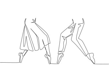 Tek sıra halinde, step dansı ayakkabısı giymiş ve ayakları poz vermiş iki çift ayak çiziyor. Muhteşem bir performans. Ritmik olsun. Zarif. Ulusal Tap Dans Günü. Bir çizgi tasarımı vektör illüstrasyonu