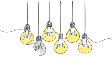 Tek sıra halinde 6 ampul çiziyor ve bir ampul kırık. Parazit. Grup yok edicisi. En işe yaramaz olanı. Kırılmış. Ulusal Yaratıcılık Günü. Devamlı çizgi tasarımı grafik çizimi