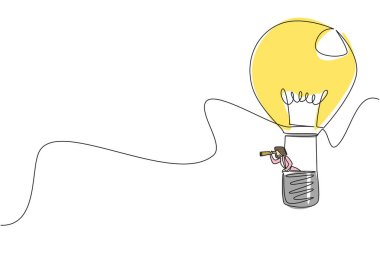 Tek sıra halinde iş kadını çiziyor sıcak hava balonuna biniyor ampul şeklinde ve tek gözlü gözüyle bakıyor. Yeni fırsatlar. Ulusal Yaratıcılık Günü. Devamlı çizgi tasarımı grafik çizimi