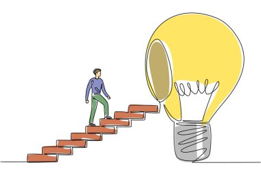 Tek sıra halinde bir adam merdiveni çıkıp ortasında delik olan büyük ampule doğru yürür. Boşluğu kapatıyorum. Zihnimi boşaltıyorum. Ulusal Yaratıcılık Günü. Devamlı çizgi tasarımı grafik çizimi