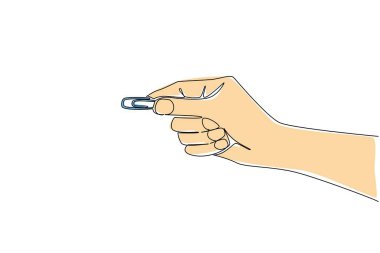 Tek sıra halinde ataç tutarak el çiziyor. Gerektiği kadar al. Kağıda zarar vermeden evrakları yapıştırın. Alet. Ekipman. Ulusal Ataç Günü. Bir çizgi tasarımı vektör illüstrasyonu