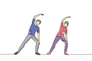 Sürekli bir çizgi çizerek bir çift büyükanne ve büyükbaba bir fitness eşine kol esnemesi yapıyor. Kramp önleyici hareketler. Ulusal Sağlık ve Spor Günü. Tek çizgi çizimi tasarım vektör çizimi
