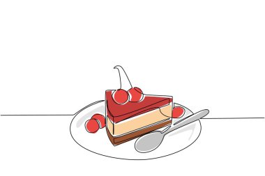 Küçük bir tabakta kirazla kaplı peynirli kek dilimleri çizmeye devam et. Zevkin tadını paylaş. Lezzetli. Ulusal Kirazlı Tatlılar Günü. Tek çizgi çizimi tasarım vektör çizimi