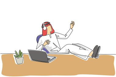 Aralıksız çizilen bir çizgi, bir Arap 'ın kulaklık takması, elleri sandalyeye oturup gitar çalarken bir jest oluşturur. Biraz ara ver. Afiyet olsun. Ulusal Şarkı Söyleme Günü. Tek çizgi çizimi tasarım vektör çizimi