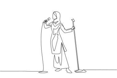 Ayakta mikrofon tutarken ve poz verirken günlük kıyafetlerle şarkı söyleyen Arap bir kadın çiziyor. Bir divanın performansı. Ulusal Şarkı Söyleme Günü. Tek çizgi çizimi tasarım vektör çizimi