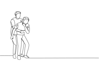Sürekli bir çizgi çekerek bir adam Heimlich manevrasını başka bir adamın boynunu tutarak yapar. Uygun ilk yardım önlemleri. Ulusal Heimlich Manevra Günü. Tek çizgi çizimi tasarım vektör çizimi