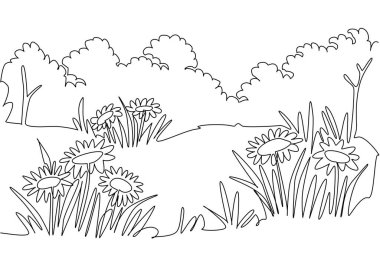 Çiçekler ve ağaçlarla çayırları çizmeye devam eden bir çizgi. Şehrin ortasında uçsuz bucaksız bir çayırlık. Ulusal Çayır Günü için sağlıklı bir ortam. Tek çizgi çizimi tasarım vektör çizimi