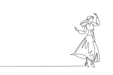 Tek sıra halinde, uzun elbiseli bir kadın elini kaldırarak el kaldırıyor. Rahatlık serbest dolaşım sağlıyor. Zarif. Elbise Günü Giy. Devamlı çizgi tasarımı grafik çizimi