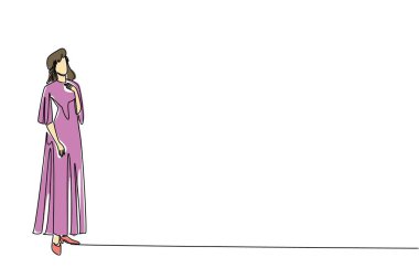 Tek sıra halinde, bir eli göğsünde uzun jestler yapan bir kadın çiziyor. Güzel ve zarif bir kadın. Modaya uygun. Elbise Günü Giy. Bir çizgi tasarımı vektör illüstrasyonu