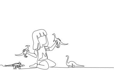 Dinozor oyuncağıyla yerde oynayan bir kızın sürekli çizdiği çizgi her iki elinde de bir oyuncak tutuyor. Küçük kız erkek tarzı oyuncaklarla ilgileniyor. Dinozor Günü. Tek çizgi çizimi tasarım vektör çizimi