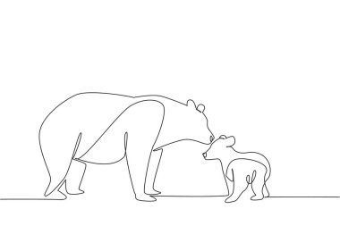 Anne kara ayının sürekli çizdiği tek çizgi yavruyla yüz yüze geldi ve başını öptü. Hayvanat bahçesinin eşsiz manzarası. Yırtıcı hayvan. Ulusal Kara Ayı Günü. Bir çizgi tasarımı vektör illüstrasyonu