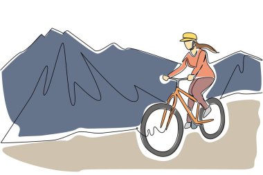 Dağ arka planında, bisiklete binen bir kadını çizen tek sıra. Hafta sonunu alışılmadık bir şekilde geçirmek. Ulusal İzleme Günü. Bir çizgi tasarımı vektör illüstrasyonu