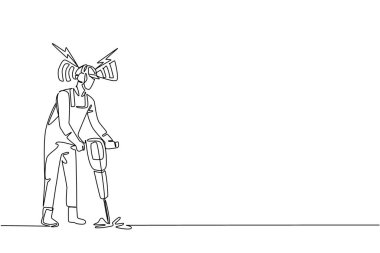 Tek bir çizim erkek yol onarım işçisi PPE ve kulaklık takarken yol yıkım aracı tutuyor. Çalışma prosedürleri. Ulusal Duruşmanı Kurtarma Günü. Devamlı çizgi tasarımı grafik çizimi