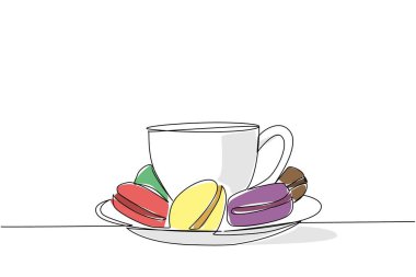 Renkli badem kurabiyeleriyle dolu bir kap çizmeye devam et. Bir fincan sıcak kahve ya da tatlı ikramlı çay. Lezzetli. Ulusal Makarna Günü. Tek çizgi çizimi tasarım vektör çizimi
