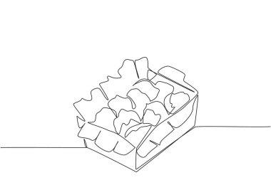 Tek sıra halinde, içinde yiyecek kağıtları olan bir kutuya kurabiye yığını çiziyor. Kafede tatlı atıştırmalıklar sipariş et ve sonra onları eve götür. Tatlı. Ulusal Makarna Günü. Devamlı çizgi tasarımı grafik çizimi