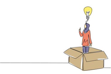 Bir satırda Arap iş kadınını büyük bir karton kutunun içine çizerken aklına bir fikir gelir. İnanılmaz bir ilham al. Akıllıca. Ulusal Yaratıcılık Günü. Devamlı çizgi tasarımı grafik çizimi