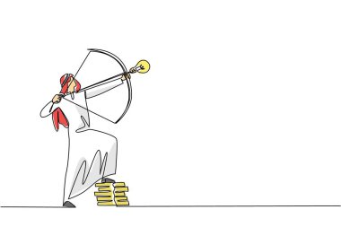 Arap işadamı okçuluğunun ucu ampul uçlu, bir ayağı bozuk para yığınının üzerinde duran tek çizgi. Daha fazla kazanç hedefliyorum. Ulusal Yaratıcılık Günü. Bir çizgi tasarımı vektör illüstrasyonu