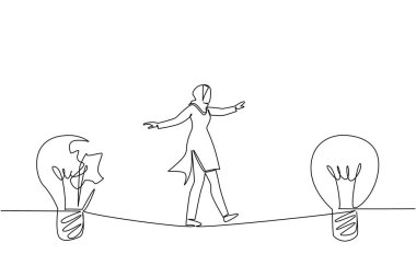 Arap iş kadınını çizen tek çizgi kırık bir ampulden bütün bir ampule ip üzerinde yürür. Risk başarı getirir. Ulusal Yaratıcılık Günü. Devamlı çizgi tasarımı grafik çizimi