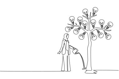 Arap iş kadınlarının sürekli çizdiği tek sıra sulama tenekeli ampulleri taşıyan büyük bir ağacı sulamaktır. Bir fikre değer vermek için gerçek bir eylem. Ulusal Yaratıcılık Günü. Bir çizgi tasarımı vektör illüstrasyonu