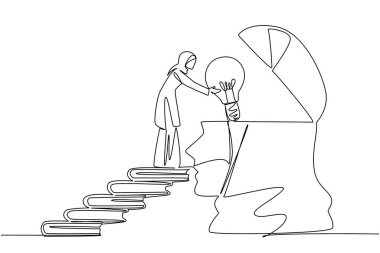 Aralıksız çizilen bir çizgi, Arap kadınlarının yürüyüşü büyük ampulü açık kafanın siluetine doğru taşır. Zihin yıkama. - Temiz. Ulusal Yaratıcılık Günü. Tek çizgi çizimi tasarım vektör çizimi