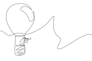 Arap iş adamının çizdiği tek çizgi sıcak hava balonu şeklindeki ampulle tek göz kullanarak içinden bakıyor. Yeni fırsatlar. Ulusal Yaratıcılık Günü. Devamlı çizgi tasarımı grafik çizimi