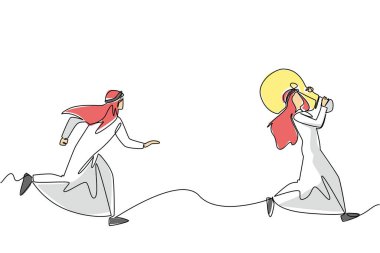 Tek sıra halinde, Arap işadamı ampulle koşan bir adamı kovalıyor. Bir suçluyu yakalamaya teşebbüs. İntihal mi? Telif hakkı. Ulusal Yaratıcılık Günü. Bir çizgi tasarımı vektör illüstrasyonu