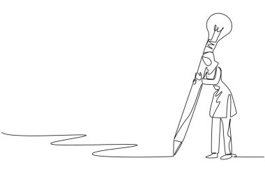 Tek sıra halinde çizen Arap kadın sonunda ampul olan büyük bir kalemle yazıyor. Yazarak yaratıcı olmak. Eğitim. Ulusal Yaratıcılık Günü. Bir çizgi tasarımı vektör illüstrasyonu