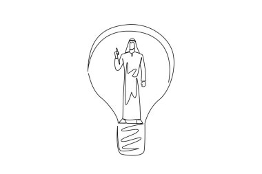 El kol hareketleri olan Arap bir adamın ampulün içinde bir fikri var. Kendine çok güveniyorsun. Yeni fikirler getiriyor. Ulusal Yaratıcılık Günü. Devamlı çizgi tasarımı grafik çizimi