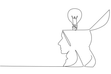 Kafanın tepesini çizen tek bir çizgi açık ve üzerinde ampul var. Fikir alışverişi. Daha geniş perspektifleri aç. Çözüm. Ulusal Yaratıcılık Günü. Devamlı çizgi tasarımı grafik çizimi